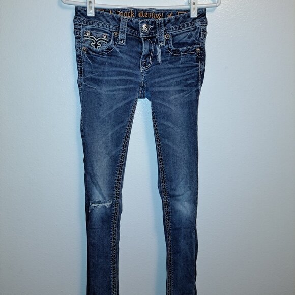 🪨 Rock Revival Allegra Skinny Jeans W/Leather Embroidered Flap Pockets size 25 - Picture 3 of 16